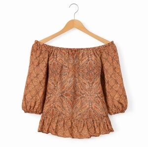 Sanctuary Orange Bohemian Paisley Babydoll Peasant Bell Sleeve Blouse Sz Med